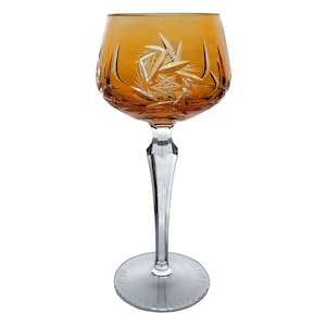 Vintage TANGERINE ORANGE Wine Glass Goblet Hock Cut-to-Clear 24% Lead Crystal Pinwheel VEB Glaswerk Döbern Doebern Brandenburg Germany 1980s