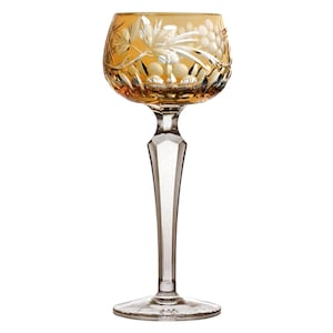 Vintage TANGERINE ORANGE Wine Glass Goblet Hock Cut-to-Clear 24% Lead Crystal Grapes VEB Glaswerk Döbern Doebern Brandenburg Germany 1980s