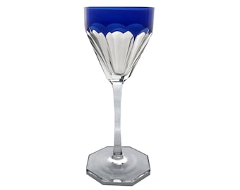 Antique Vivid COBALT BLUE Wine Goblet Hock Glass Cut-to-Clear 24% Lead Crystal Panel Cut 1920s Theresienthal Zwiesel Bavaria Germany HANSA