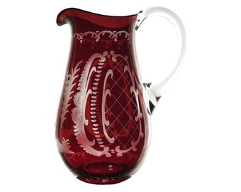 RUBY RED Pitcher Stained Flashed Cut-to-Clear CRYSTAL Bohemian Czech Republic Doe Deer Forest Nový Bor Haida Baroque Rocailles + Curlicues