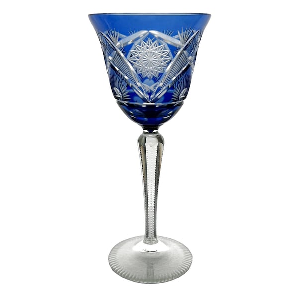 Feiner COBALT BLUE tulpenförmiger Weinkelch Glas Hock Cut-to-Clear Vollblei 24% PbO Kristall VEB Gehren Thüringen Deutschland Vintage Retro 1980er Jahre