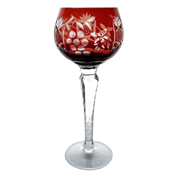 RUSTY SCARLET RUBY vintage verre à vin jarret coupé transparent cristal au plomb 24 % Allemagne des années 1980 Moselle Traube raisins fermeture éclair rétro tige crantée