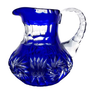Pinwheel Pattern DEEP COBALT BLUE Small Pitcher Cut-to-Clear Full Lead (24% PbO) Crystal Poland 1980s Chocolate Sauce Cruet Wine Decanter
