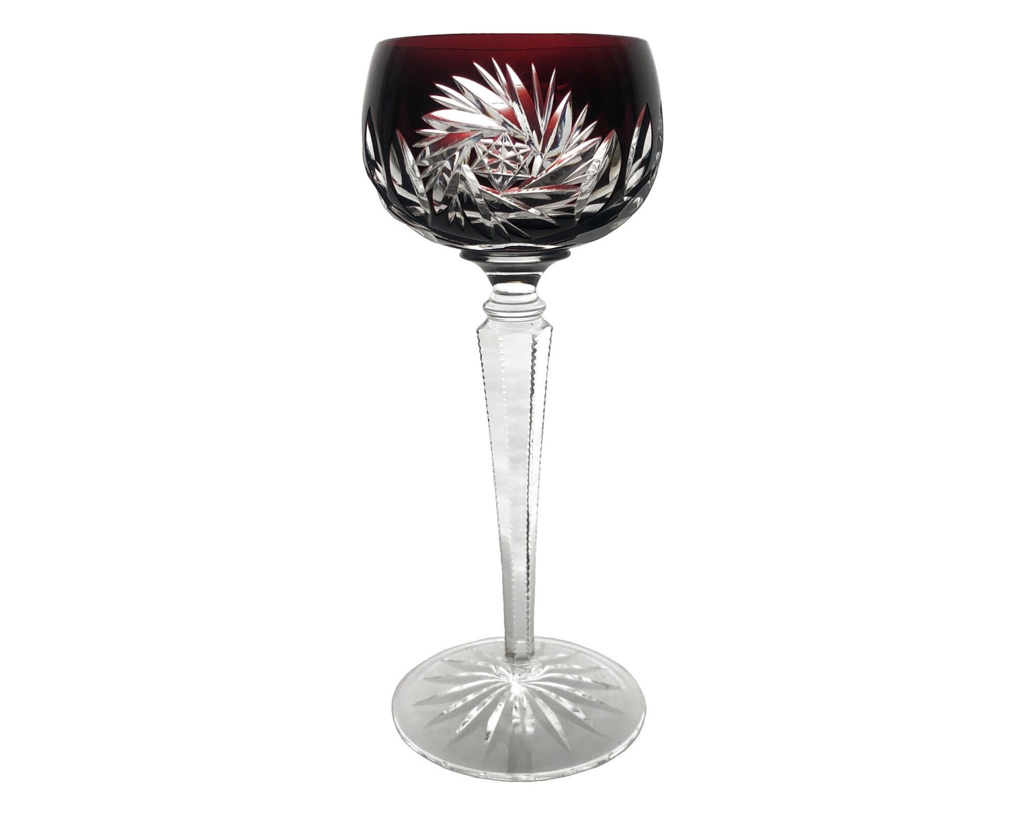 Antique DEEP RUBY RED Wine Glass Goblet Hock Cut-to-Clear 24% Lead Crystal Josephinenhuette Szklarska Poreba Silesia 1930s Star & Laurel