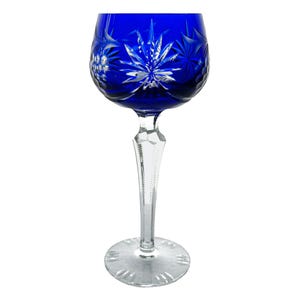 Vintage COBALT ROYAL BLUE Wine Glass Goblet Hock Cut-to-Clear 24%PbO Lead Crystal Lusatian Lausitzer Glas East Saxony Germany Retro Grapes