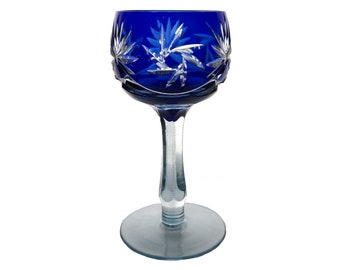 Rustic Vintage COBALT BLUE Wine Glass Goblet Hock Cut-to-Clear 24% Lead Crystal Poland Pinwheel Star Schleuderstern Baby Blue Stem & Base
