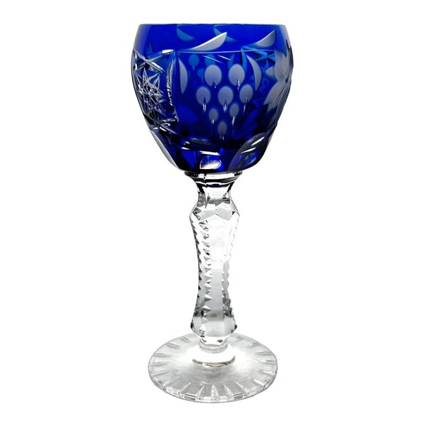vintage COBALT BLUE Cordial Glass Hock Cut-to-Clear 24% Lead Crystal AnnaHuette AnnaHütte Bavaria Germany 1980s Retro Traube Grape Pattern