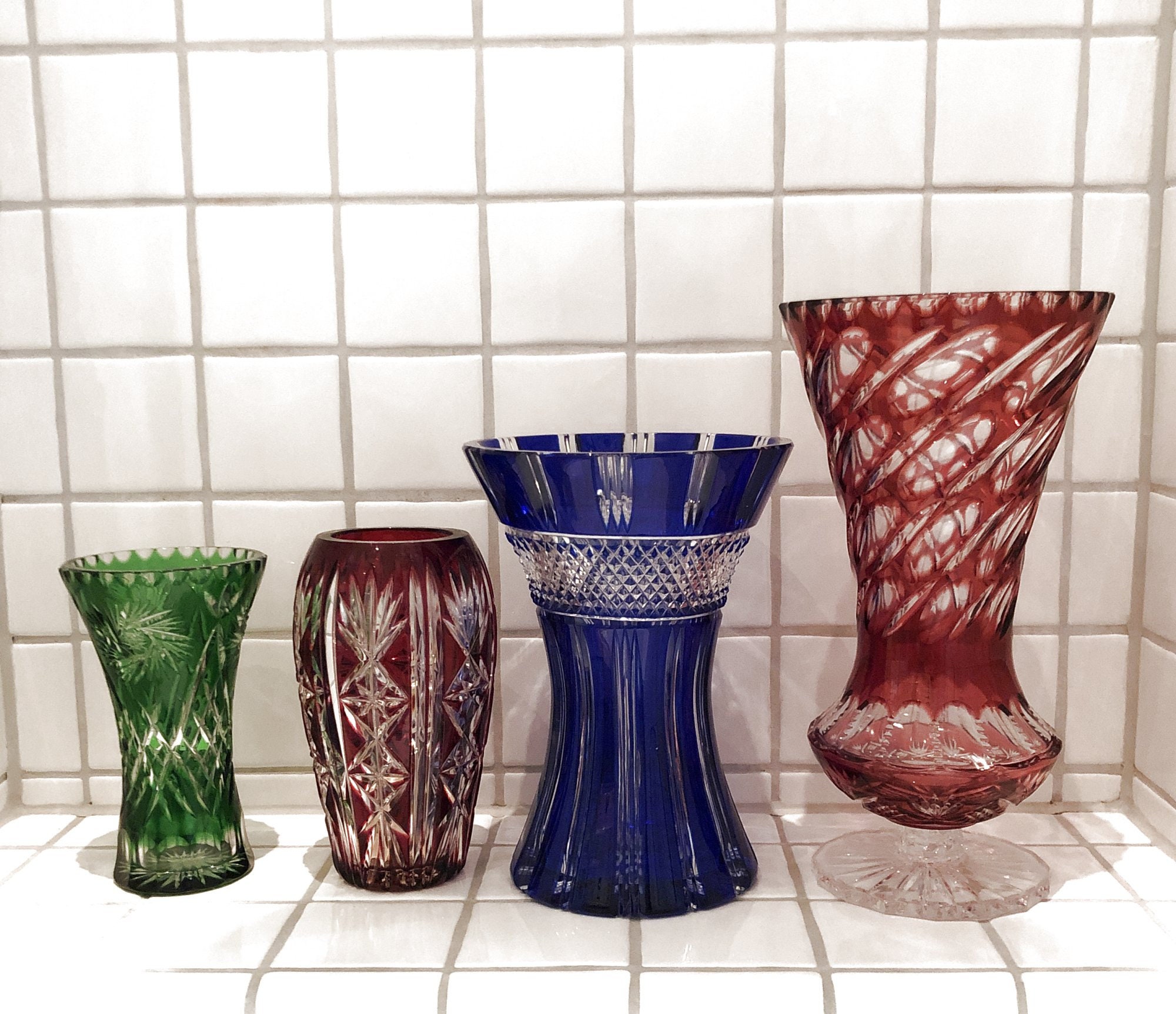 Massive CRANBERRY RED PINK Footed Vase Cut-to-clear Cased 24% Lead