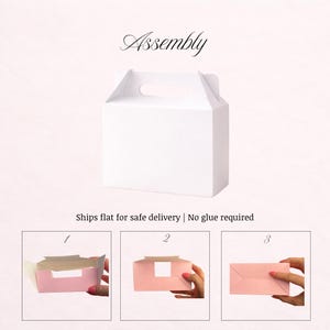May include: A white cardboard box with a handle, featuring the text Assembly above it and Ships flat for safe delivery | No glue required below it. Three smaller panels show the step-by-step folding process of a pink box in numbered sequence.