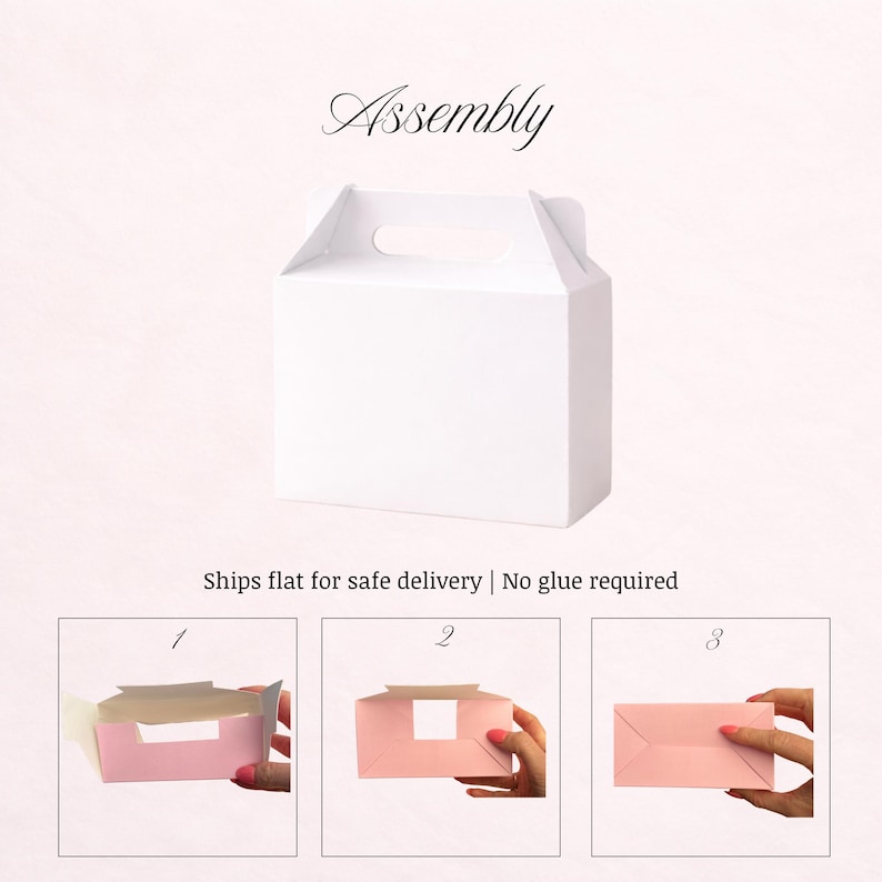 May include: A white cardboard box with a handle, featuring the text Assembly above it and Ships flat for safe delivery | No glue required below it. Three smaller panels show the step-by-step folding process of a pink box in numbered sequence.