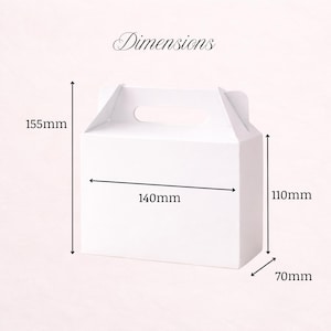 May include: A plain white cardboard gable box with a handle. The text Dimensions is at the top. Arrows indicate measurements of 155mm in total height, 140mm in width, 110mm in box height, and 70mm in depth, providing clear size specifications.