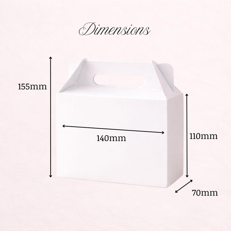 May include: A plain white cardboard gable box with a handle. The text Dimensions is at the top. Arrows indicate measurements of 155mm in total height, 140mm in width, 110mm in box height, and 70mm in depth, providing clear size specifications.