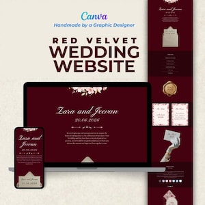 Puede incluir: Diseño de sitio web de boda en terciopelo rojo mostrado en un portátil y un smartphone. El diseño incluye los nombres "Zara y Jeevan" y la fecha "20.06.2026". También se incluyen acentos florales y un conjunto de invitaciones a juego.