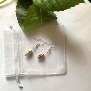 May include: A pair of drop earrings featuring small, tan and brown speckled spiral seashells suspended from silver-toned metal fishhook wires. The earrings are displayed on a small, white, semi-sheer drawstring pouch with a green leaf above.