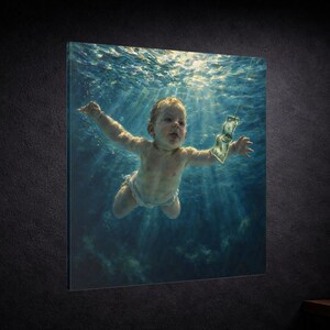 May include: A square wall art print featuring an underwater scene of a baby swimming towards a dollar bill suspended on a hook. The lighting creates bright rays filtering through the deep blue water, illuminating the infant's skin and the currency.