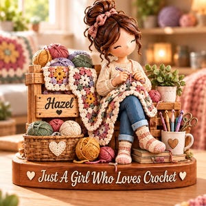 Peut inclure: Une figurine représentant une personne aux cheveux bruns en chignon, portant un pull crème et un jean bleu, crochetant une couverture colorée en carrés granny. La base porte le texte "Just A Girl Who Loves Crochet" et une caisse en bois "Hazel".
