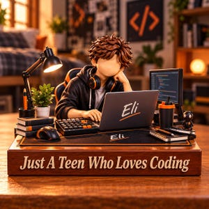 Personalized Coding Teen 2D Flat Wooden Block, Programmer Gift for Boy, Computer Science Birthday Gift, Coder Desk Decor