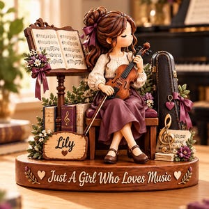Könnte beinhalten: Eine Figur eines Mädchens, das im Sitzen auf einer Bank Geige spielt. Der Sockel trägt den Schriftzug "Just A Girl Who Loves Music" und ein Schild mit der Aufschrift "Lily". Das Set enthält einen Notenständer mit Noten, einen Geigenkasten und Blumen.