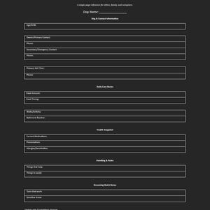 May include: A dark gray Dog Care One-Pager template with white text and lines. The form includes sections for dog information, daily care basics, health snapshot, handling & rules, and grooming notes. The document is a single-page reference for sitters, family, and caregivers.