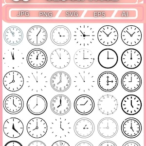 May include: A collection of 36 clock face designs in black and white. The image includes various clock styles, with and without numbers, and the text "36 CLOCK FACE" at the top. File types include JPG, PNG, SVG, EPS, and AI.