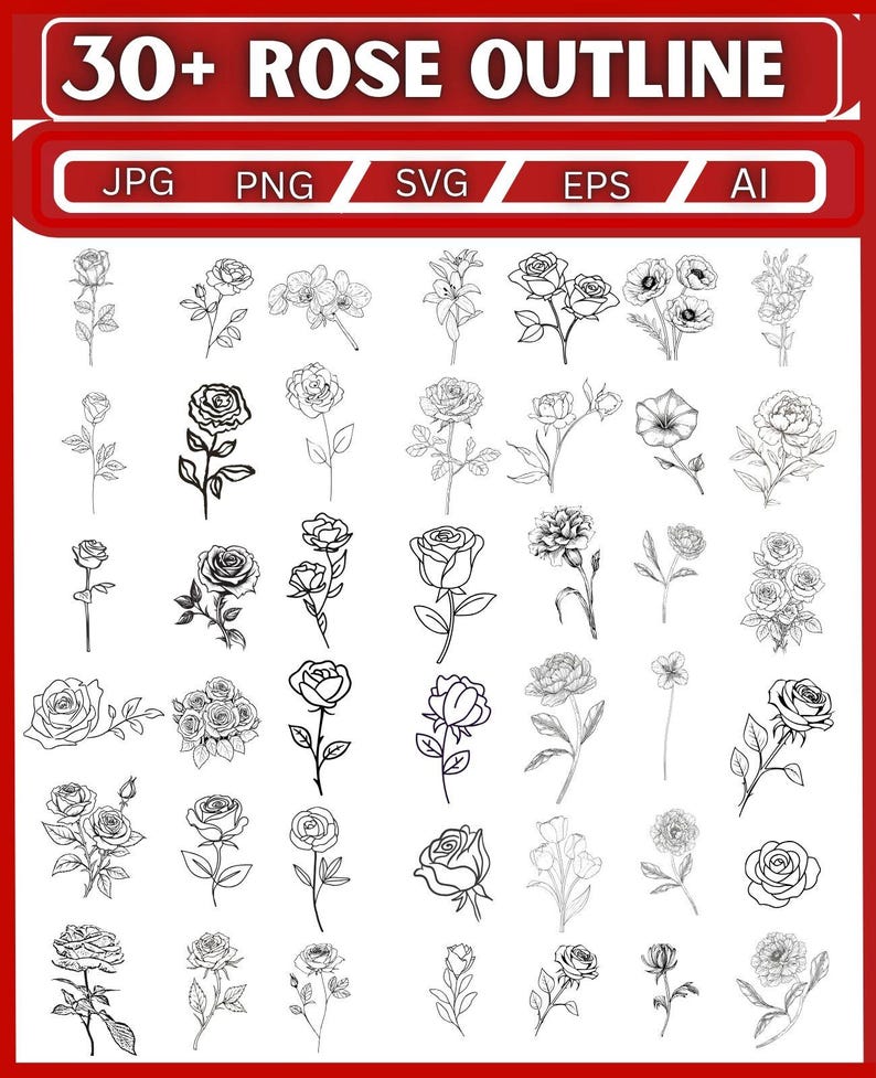 Rose Outline SVG Bundle: Flower Vectors, Cricut Cut File (digital ...