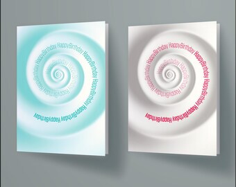 Spiraal verjaardagskaartset moderne abstracte groetpakket 4 kleuren verscheidenheid bundel DIY Instant Download afdrukbare sjabloon verjaardagscadeaukaart