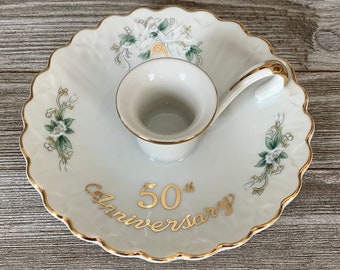 Vintage Hand Painted Lefton China 50th Anniversary Candlestick Holder