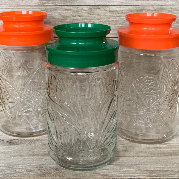 Vintage Glass Floral Storage Jars - By Anchor Hocking