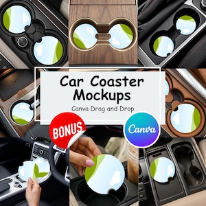 May include: A collection of circular car coasters featuring a light blue sky with white clouds and green hills. The image includes text that reads Car Coaster Mockups, Canva Drag and Drop, Bonus, and Canva. These coasters are shown in various vehicle cup holders.