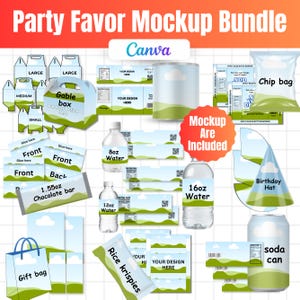 May include: A digital party favor mockup bundle featuring templates for gable boxes, chip bags, water bottles, chocolate bars, birthday hats, rice krispies, and soda cans. The designs include a light blue sky, white clouds, and green hills.