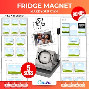 May include: A metal fridge magnet making machine with a lever, displayed alongside digital templates for 8.5 x 11 inch sheets. The templates feature various sizes including 2 x 2 inch, 2.5 x 2.5 inch, 4.5 x 3 inch, 2.5 x 8 inch, 3.5 x 2.6 inch, and 3.1 x 3.1 inch.