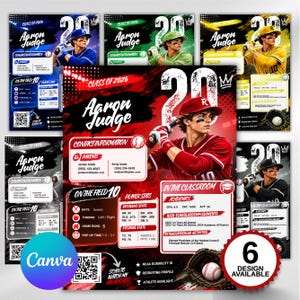 Puede incluir: Una plantilla de folleto de reclutamiento deportivo digital con un jugador de béisbol en camiseta roja, texto que dice Aaron Judge Class of 2026, información de contacto, estadísticas de jugador y logros académicos, con gráfico de pelota y guante.