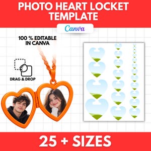 Puede incluir: Una plantilla digital de relicario en forma de corazón para Canva con un relicario naranja que contiene dos fotos, un icono de arrastrar y soltar y una cuadrícula de 25 marcadores de posición. El texto dice PHOTO HEART LOCKET TEMPLATE.