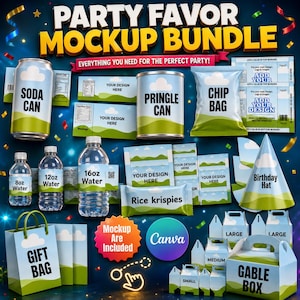 May include: A digital party favor mockup bundle featuring templates for a soda can, Pringle can, chip bag, water bottles, rice krispies, birthday hat, gift bag, and gable boxes. The items display a blue sky and green hill graphic design.