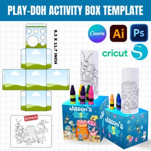 May include: A digital Play-Doh activity box template measuring 21.08 by 29.72 cm, featuring a blue box design with SpongeBob SquarePants characters, the name Jason, and the number 5. Includes a bonus colouring sheet and software icons.