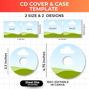 Op de afbeelding: Een CD-hoes en case sjabloon met twee ontwerpen en twee formaten. De afbeelding toont voor- en achterkant lay-outs met een landschapsillustratie van groene heuvels en een witte wolk in een blauwe lucht. Afmetingen zijn in inches, waaronder 7, 10, 3,2 en 4,75 inch, met een velformaat van 8,5 x 11 inch.