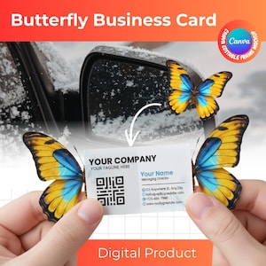 May include: A business card design with a butterfly theme. The card features a QR code, contact information, and the text "Your Company." The design includes yellow and blue butterfly wings. The words "Butterfly Business Card" and "Digital Product" are also visible.