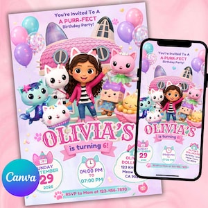 Puede incluir: Una invitación de cumpleaños digital con una niña de dibujos animados y varios personajes de gatos frente a una casa de muñecas rosa. El texto dice: You're Invited To A A PURR-FECT Birthday Party! OLIVIA'S is turning 6! Sunday September 29 2026.