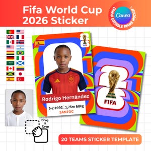 Może przedstawiać: Szablon naklejki FIFA World Cup 2026 z portretem osoby w czerwono-granatowej koszulce piłkarskiej, imieniem Rodrigo Hernández, datą 5-2-1992, 1,75m, 68kg, napisem SANTOC oraz grafiką przedstawiającą puchar mistrzostw świata.