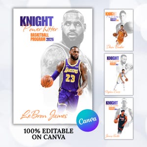 May include: A digital basketball program template featuring LeBron James in a purple and gold Lakers jersey holding a basketball. The text reads KNIGHT Power hitter BASKETBALL PROGRAM 2026. Additional versions show Devin Booker, Stephen Curry, and Jimmy Butler.