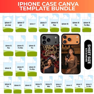 May include: An iPhone case Canva template bundle featuring a grid of labels for various iPhone models from 12 to 17, two example phone cases with leopard print designs, and a black vertical label indicating a sheet size of 8.5 x 11 inches.