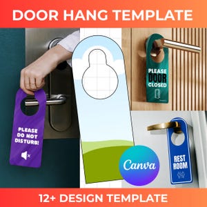 May include: A collection of door hang templates featuring various designs including a purple sign with the text PLEASE DO NOT DISTURB, a blue sign labeled REST ROOM, a green sign stating PLEASE DOOR CLOSED, and a blank template with a sky and grass graphic.