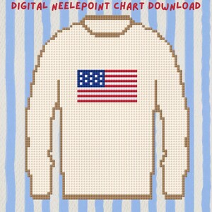 May include: A digital needlepoint chart download featuring a pixelated illustration of a long-sleeved shirt. The shirt is off-white with a brown neckline and cuffs. An American flag is on the front. The background has blue and white stripes.