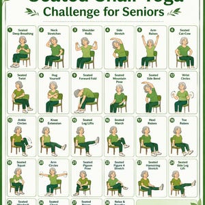 May include: A 28-day seated chair yoga challenge chart for seniors featuring 28 numbered illustrations of a person in a green shirt and dark trousers performing various stretches on a chair, with text including "28 Day Seated Chair Yoga Challenge".