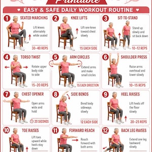 May include: A printable chart titled Chair Exercises for Senior women featuring fifteen numbered illustrations of a person in a pink shirt and grey trousers performing various seated movements on a wooden chair with instructional text and repetition counts.