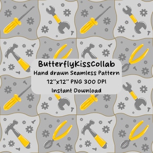 男の子の工具柄リピートパターン｜12x12インチタイルシームレスデザイン｜表面パターン｜ハンマー、ドライバー、歯車｜印刷可能なデジタルダウンロード｜クラフト