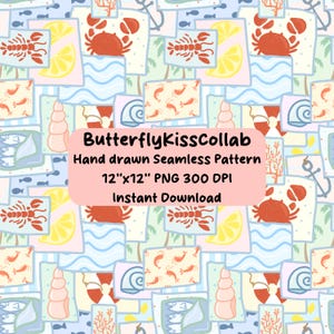 May include: A seamless pattern featuring a collage of marine life illustrations. The design includes images of crabs, shrimp, lemons, seashells, and fish, set against a light blue and white background. The text "ButterflyKissCollab" is also present.
