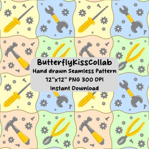 May include: A repeating pattern of hand-drawn tools, including screwdrivers, spanners, hammers, pliers, and screws. The design is set against a pastel colour block background. The text "ButterflyKissCollab" is also included in the image.