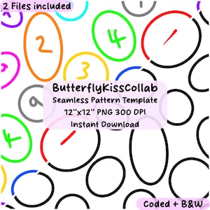 May include: A white background with a colorful pattern of outlined shapes and numbers. The numbers 1, 2, 3, and 4 are visible in orange, green, and yellow. The text "ButterflyKissCollab Seamless Pattern Template 12"x12" PNG 300 DPI Instant Download" is also present.