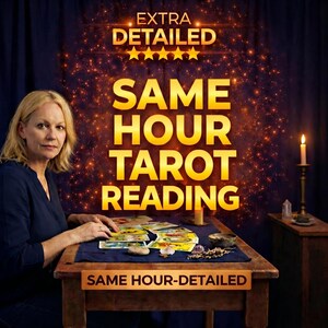 May include: An advertisement for a tarot reading service. The text says "EXTRA DETAILED" above "SAME HOUR TAROT READING" in gold. A woman is seated at a wooden table with tarot cards, a candle, and other objects. The background is dark with a sparkling effect.